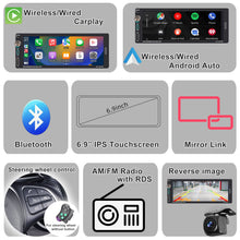 Cargar imagen en el visor de la galería, Estéreo para auto Alondy de un solo DIN con pantalla táctil de 6.9", compatible con Apple CarPlay/Android Auto, radio AM/FM Bluetooth, cámara de respaldo USB tipo C.